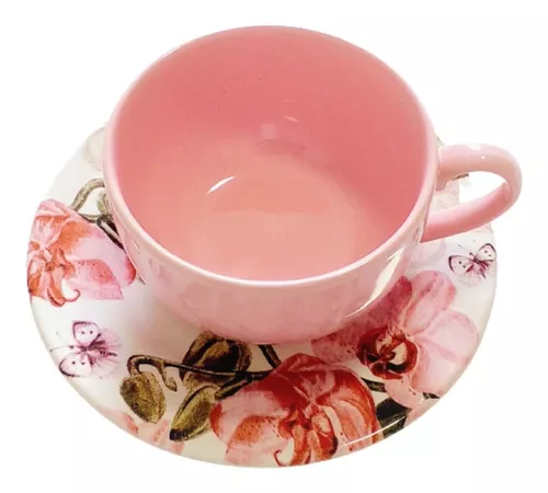 Lindo jogo de chá em porcelana com tema floral na tonalidade rosa