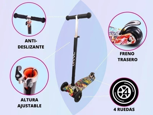 Monopatín Unnic 4 Ruedas Con Luces Led Reforzado Niños Freno