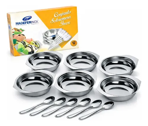 Conjunto Taças Sobremesa Inox 12 Peças Tigelas  Com Colheres Inox