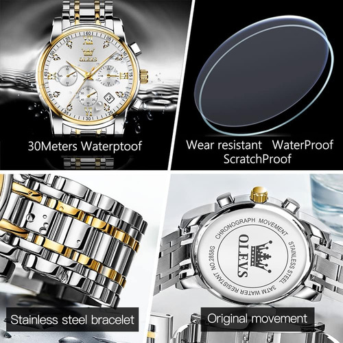 Olevs Reloj Hombres Lujo Oro Plata Para Hombres Reloj Grande