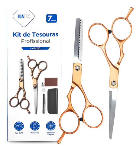 Kit Tesouras Profissional Cabelereiro Barbeiro Salão Dourada