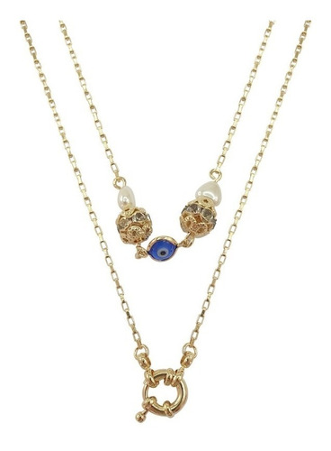 Collar Doble Cadena Con Ojo Turco-broche Grande Baño De Oro