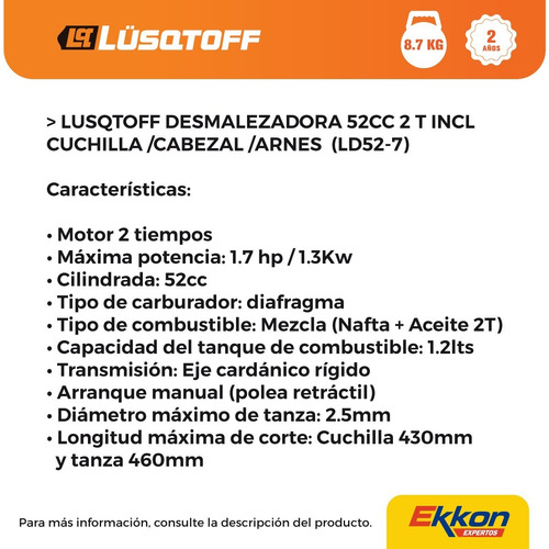 Imagen 3 de 8 de Desmalezadora Motoguadaña Lusqtoff 52 Cc 2 T Ld52-7