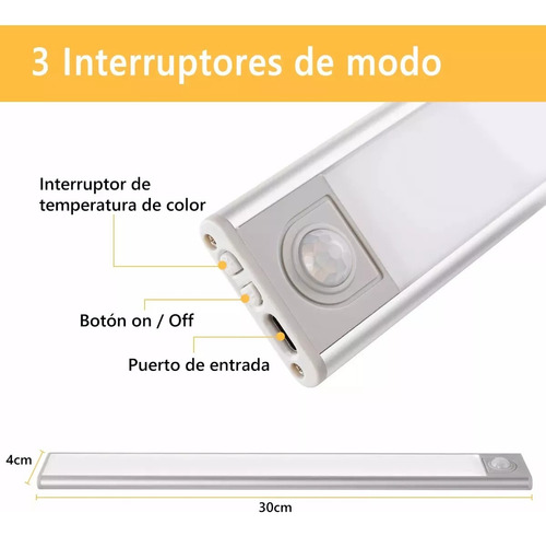 30cm Lámpara Premium 60 Led Barra Luz Sensor Movimiento Casa Blanco