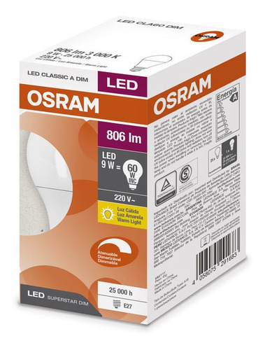 Imagen 2 de 4 de Lámpara Led Osram Dimerizable 9w Luz Calida E27