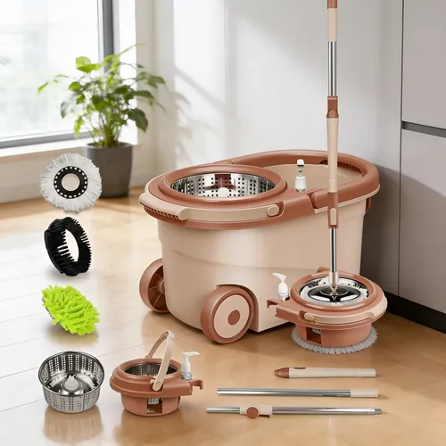 Mop 150cm Giratório Esfregão Balde Inox Rodas + 3 Refis Bege