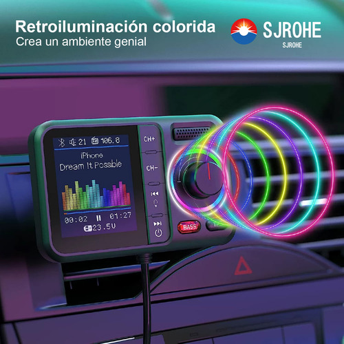 Sjrohe Transmisor Fm Bluetooth Usb 3.0 Carga Rápida Adaptador Con Pantalla Led Rgb Bluetooth 5.0 Fm Receptores Bluetooth Para Auto Audio Hd Llamadas Por Bluetooth Transmisor Bluetooth Fm Color Negro