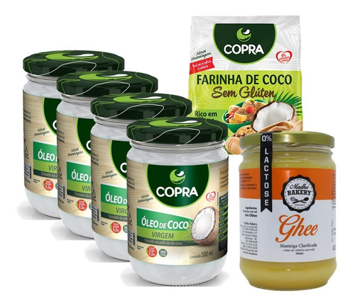 Kit 4 Óleo De Coco Virgem 500ml + Ghee 500g + Farinha Coco