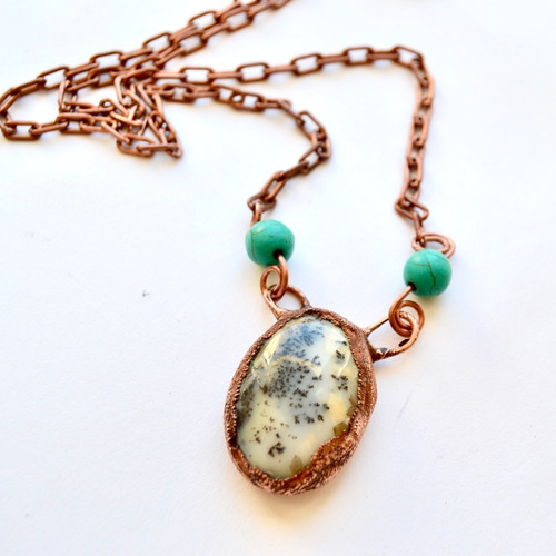 Collar Piedra Agata Y Howlitas Turquesa, Cadena Cobre, Cod1