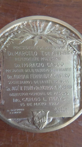 Antigua Medalla Municipalidad De Buenos Aires Plaza Alberdi