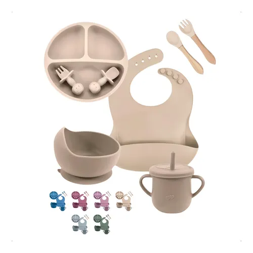 comprar Kit 8 Alimentação Bebê Silicone Prato Babador Copo Tigela Cor Bege Introdução Alimentar infantil