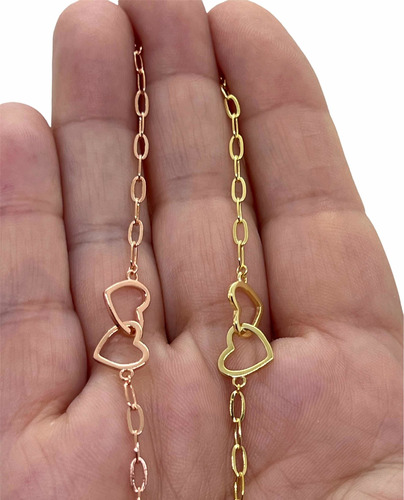 Pulsera  De Plata Dorado Con Corazones Inseparables.