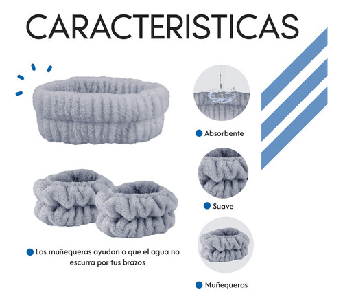 Diler Kit 5 Piezas Diadema Y Muñequeras Para Skincare Maquillaje Mascarilla Spa De Microfibra Liso Color Gris