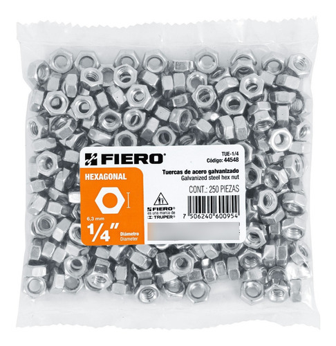 Bolsa C/250 Tuercas Fiero 1/4 Hexagonales Acero Galvanizado