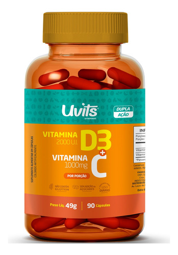 Vita D3 2000ui E Vitamina C 1000mg 90 Cápsulas - Uvits Sem Sabor