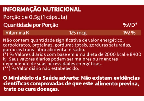 Imagem 2 de 2 de Vitamina K2 Menaquinona K2-7 125mcg Com 60 Cápsulas