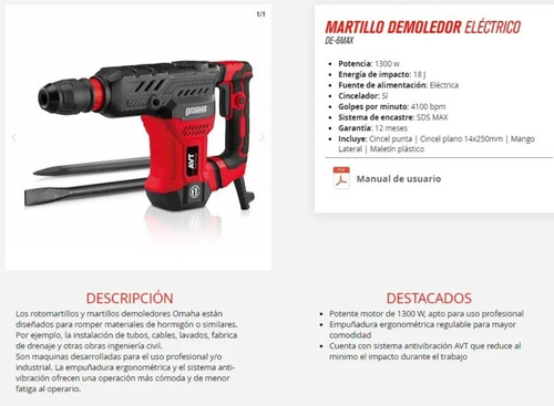 Imagen 6 de 7 de Martillo Demoledor Omaha 1300w 18j Sds Max Avt + Maletin Acc