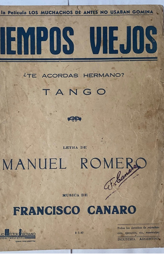 Antigua Partitura De Tango, F. Canaro Te Acordás Hermano? Mv