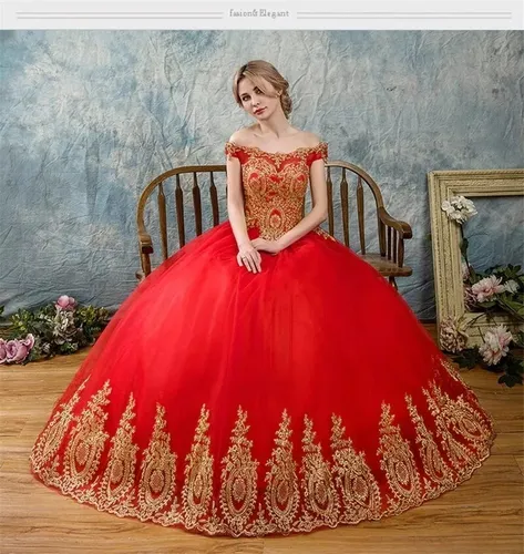 Vestidos Xv Años Rojo Bordado Hombros Descubiert Quinceañera