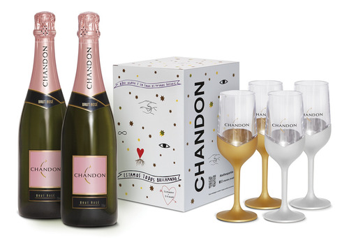 Kit 2un Espumante Chandon Brut Rose 750ml + Box 4 Taças