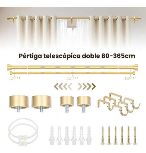 Qianmu Varillas De Cortina Dobles De 1 Pulgada Para Ventanas De 48 A 84 Pulgadas, Barra Decorativa Resistente De 32 A 144 Pulgadas Con Tapa Clásica, Color Dorado
