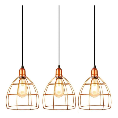 Trio Pendente Lustre Aramado Cobre Retrô Luminária El32