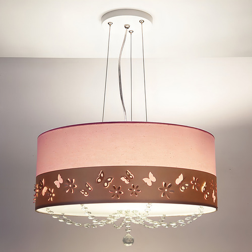 Lustre Pendente Faixa Flores E Borboletas 50cm Estrutura Rosa 110v/220v