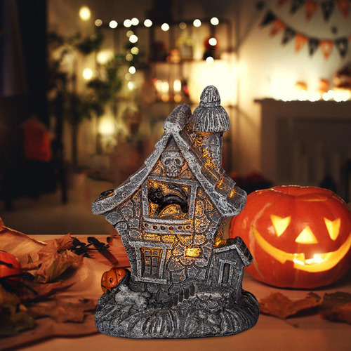 Casa Embrujada De Halloween Con Luz, Casa Embrujada Gato