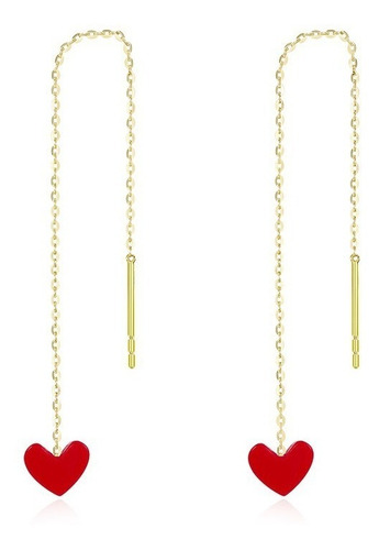 Aros Largos Cadena Corazón Ágata Rojo De Protección Oro 18k