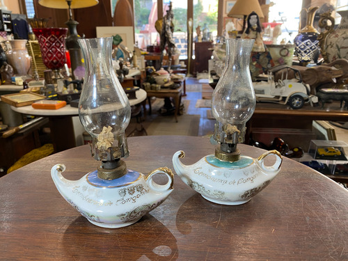 Par De Lamparina Querosene Antiga Em Cristal E Porcelana (Usado)