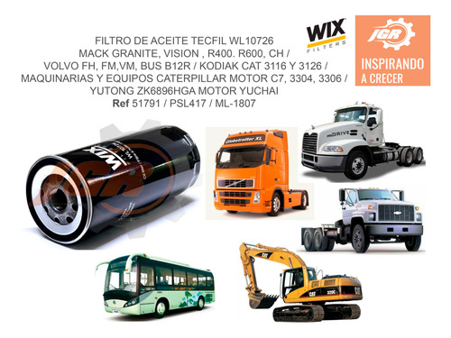 Filtro De Aceite Wix Wl10726 (51791) Mack Volvo Kodiak Cat