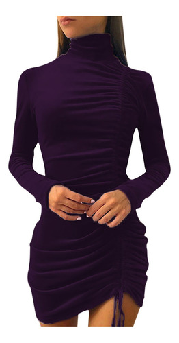 Vestido Mujer Cuello Alto Color Sólido Shirring Micro Vaina