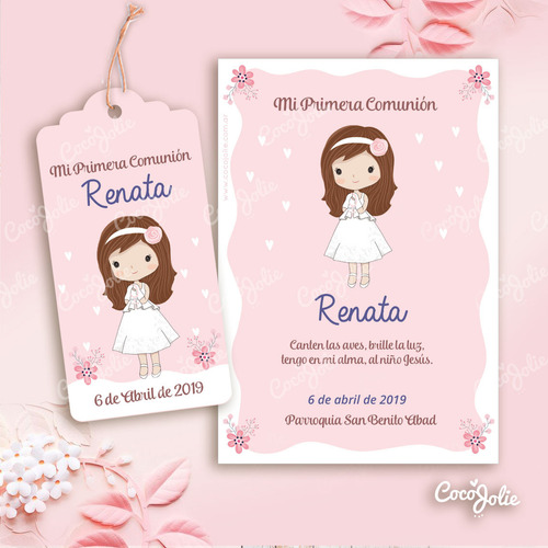 Kit Imprimible Comunión Nena Rosada Romántica. Editable. Pdf