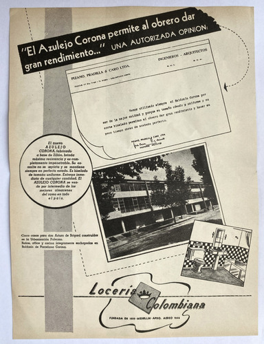Locería Colombiana Publicidad De 1951 Azulejo Corona
