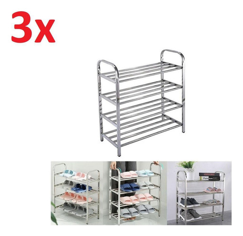 Organizador Sapateira Inox 4 Prateleiras Estante Grande Kit3