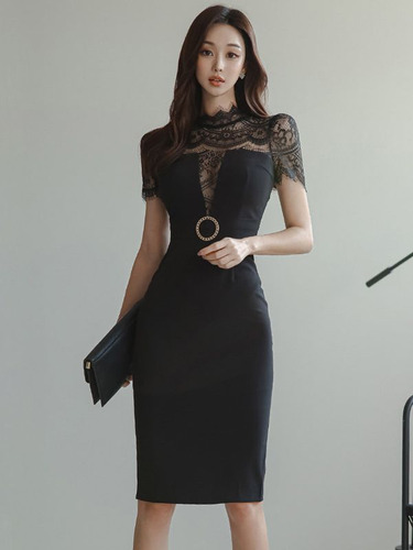 Elegante Vestido Ajustado Con Cintura De Encaje Para Mujer