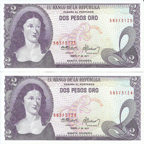 Colombia Dúo De Números Consecutivos, 2 Pesos 1 Enero 1977
