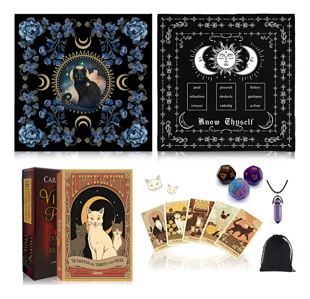 2pzs Tarot Y Oráculo En Español + 2pzs Tapetes + Accesorios