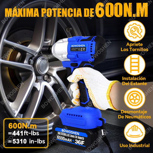 Llave de impacto sin escobillas 600 Nm 4 en 1 inalámbrico BOWOSHEN color azul