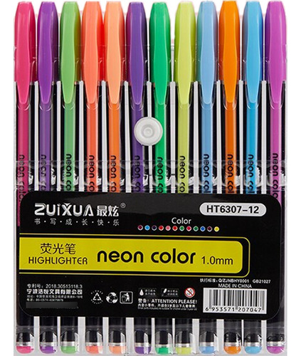 12 Canetas Gel Neon Tinta 12 Cores Exterior Preto