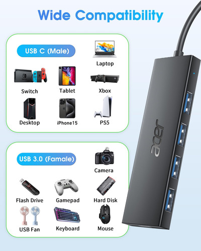 Acer Usb C Hub De 4 Puertos, Concentrador Usb 3.1 Múltiple,