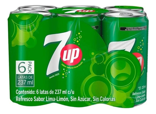 3 Pzas Refrescos 7up Lima Limón 6 Latas De 237 Ml C/u