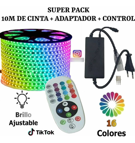 Imagen 3 de 10 de Cinta Led 220v Manguera Rgb 10m +control Remoto + Adaptador