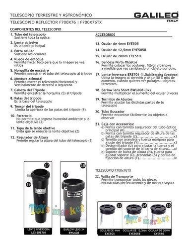 Imagen 8 de 10 de Telescopio Galileo Reflector 700x76 Aumento 525x Con Tripode