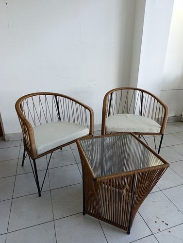Juego Chic Doble - Dos Sillones De Caño Y Yute + Mesa