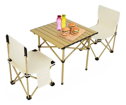Juego De Patio Balcón Mesa + 2 Sillas Plegable Exterior Estructura Beige
