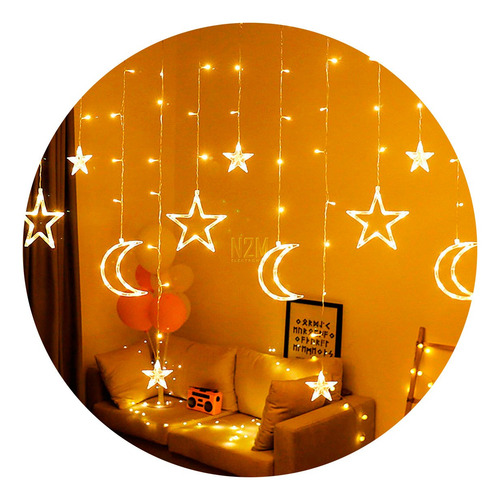 Imagen 1 de 10 de Cortina Led Estrellas Lunas Tira 3 Metros Calido 220v Full