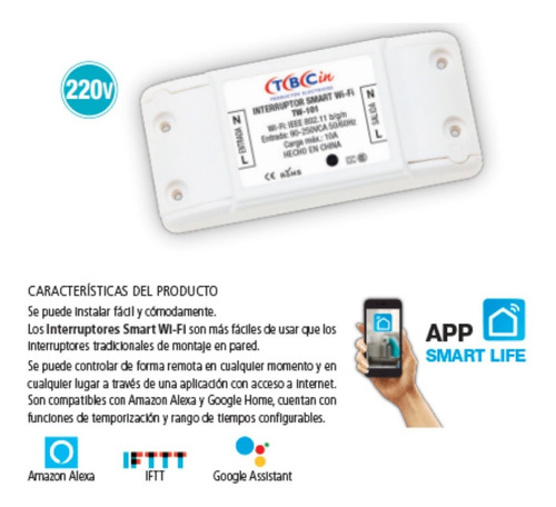 Imagen 2 de 4 de Interruptor Wifi Inteligente Domotica 10a Smart Life Tbcin