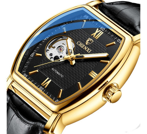 Relojes de pulsera mecánicos de cuero impermeables Chenxi, color de fondo dorado/negro