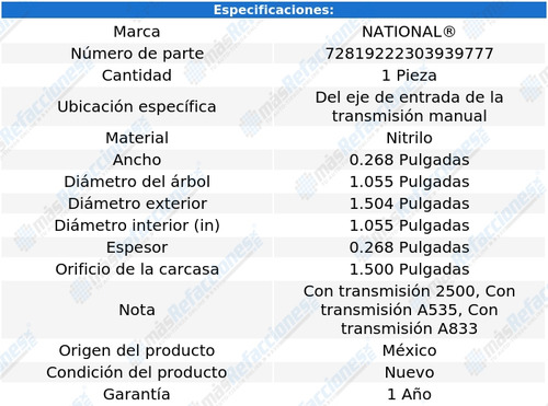 Retén Eje Entrada T/ M P/ Dodge B150 81 Al 93 National